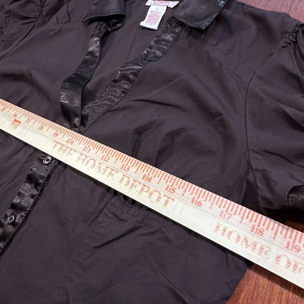 VTG Y2K Brown Fitted Babydoll Blouse‎ Satin Trim Puff Sleeve Coquette Top Sz L